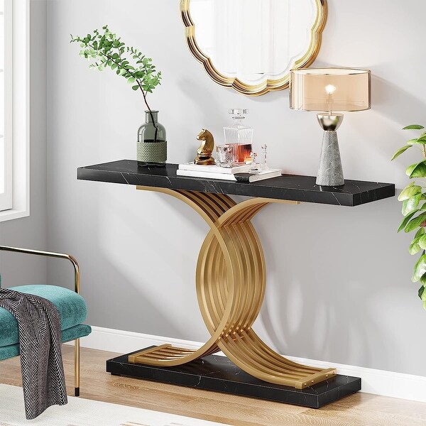 Console Table, Faux Marble Hallway Table with Geometric Metal Legs - 11.81