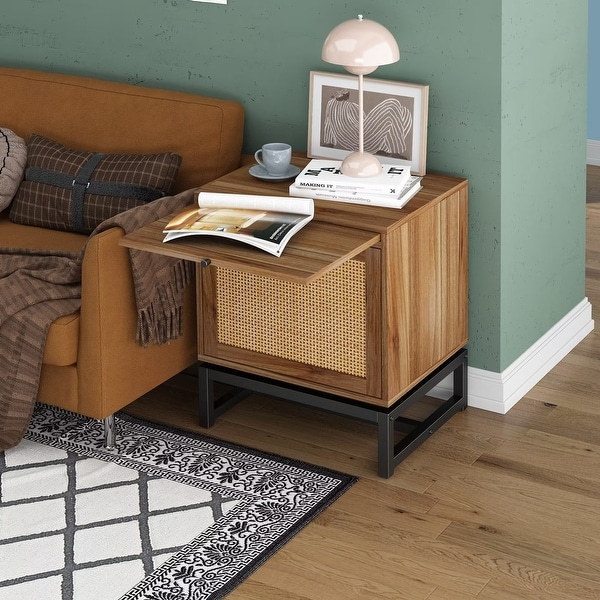 Natural 1 Rattan Door Cabinet, End Table, Sofa Side Table, Nightstand with Adjustable Pull Plate and Metal Base