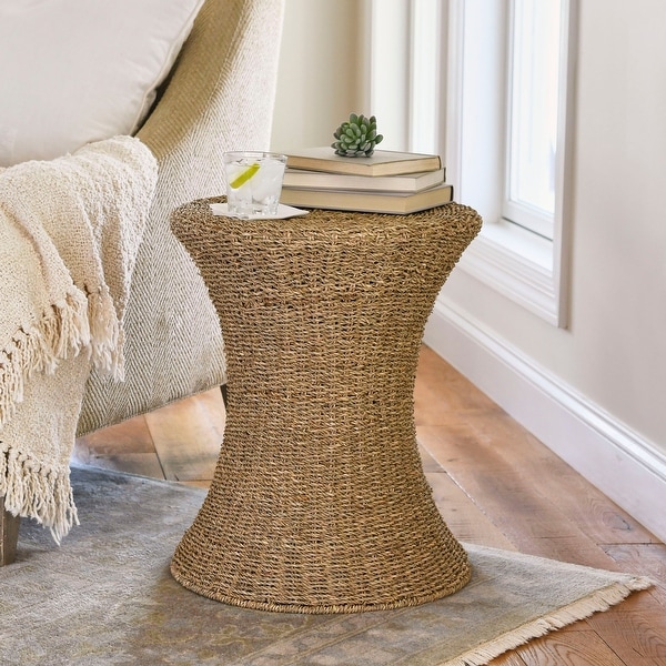 Stained Water Hyacinth Wicker Stool, Handwoven Wicker Braid with Sturdy Metal Frame, Lightweight Hourglass Profile