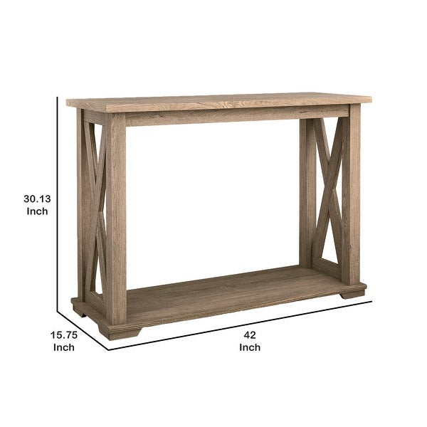 42 Inch Sofa Table, Crossbuck Side Accents, 1 Open Shelf, Rustic Brown