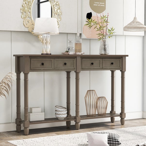 Solid Wood Sofa Table Console Table with 2 Drawers and Open Bottom Shelf, Classic Rustic Entryway Table Side Table for Living Room
