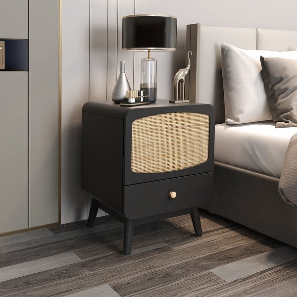Black Nightstand, Bedside Table with Storage Drawe Rattan Door