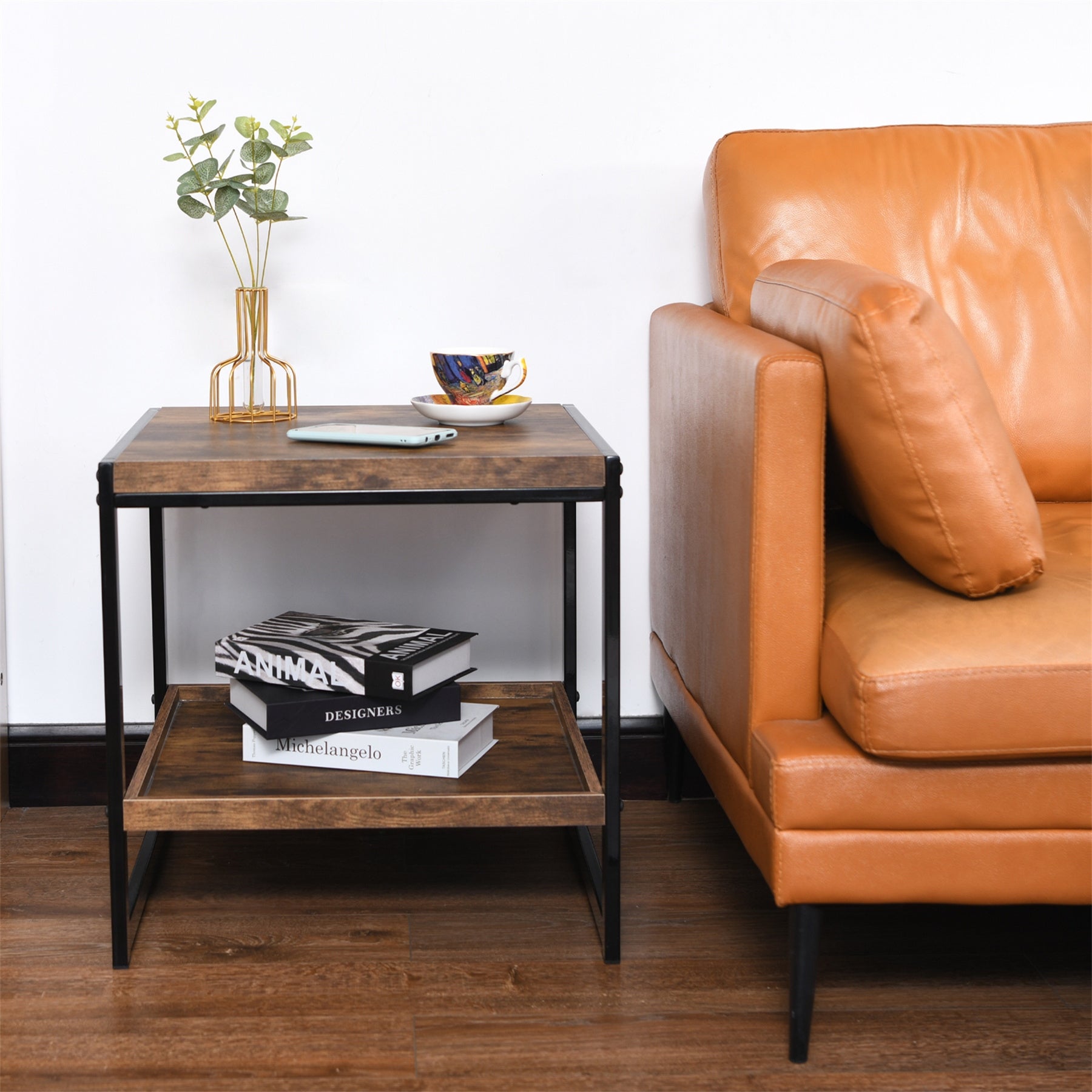 2-tier Side Table, Bedroom Nightstand with Lower Shelf