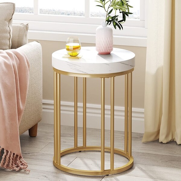 White Gold Round End Table, Modern Bedside Nightstand Faux Marble Top