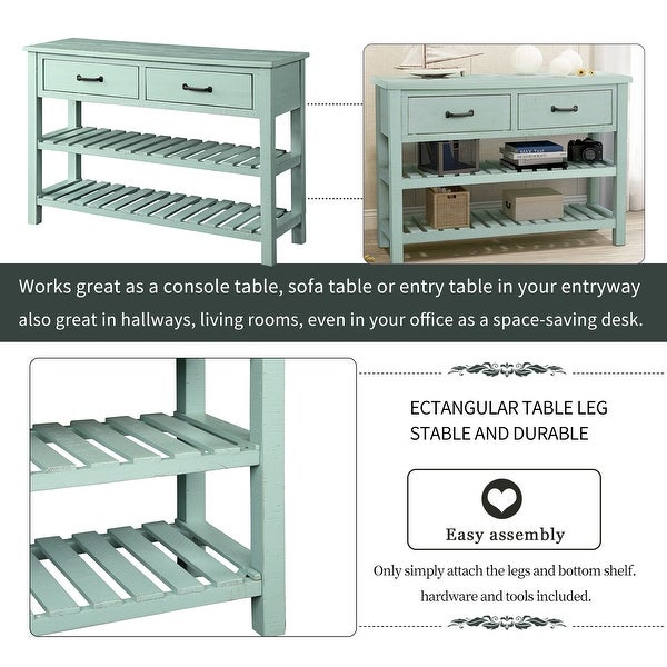 Retro Console Table for Entryway with Drawers and Shelf, Antique Blue