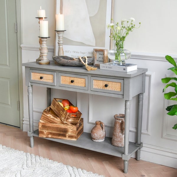Farmhouse Rattan Console Table, Rustic Long Entryway Table with 3 Drawers,Long Shelf Sofa Table, Antique Gray