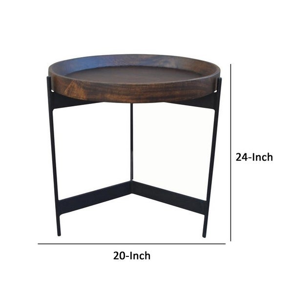 24 Inch Round Side Table, Dark Brown Mango Wood Tray Top, Black Iron Legs