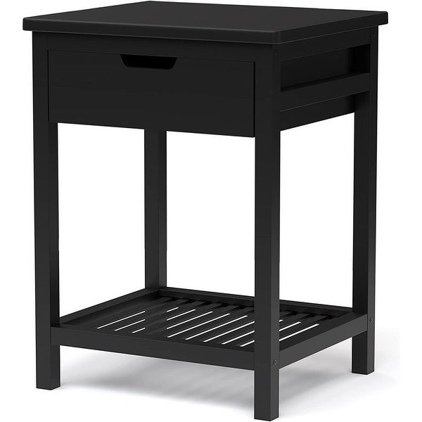 Modern Square End Table with Drawer and Open Shelf, Black