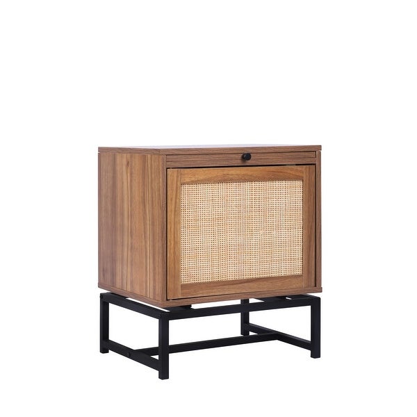 Natural 1 Rattan Door Cabinet, End Table, Sofa Side Table, Nightstand with Adjustable Pull Plate and Metal Base