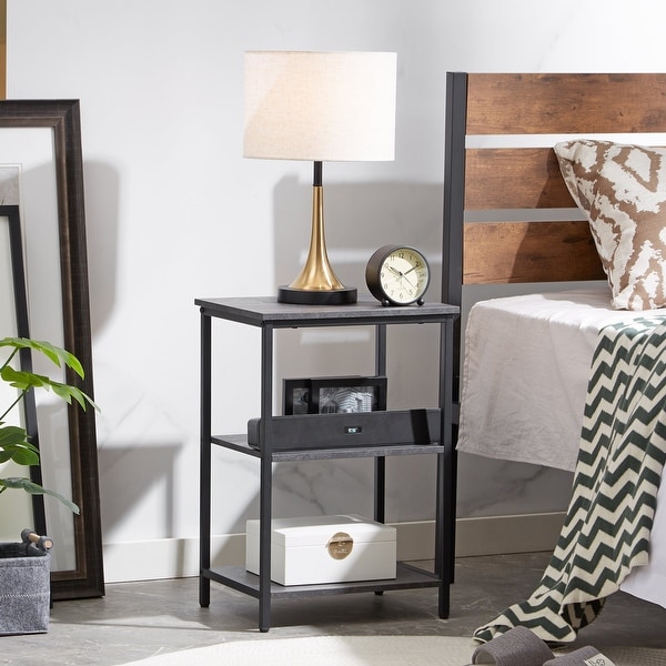 Set of 2 End Table With Wood Storage Shelf, 3-Tier Bedside Sofa Side End Table Storage Display Shelf