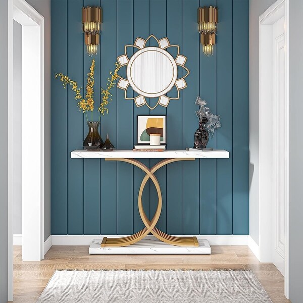 Console Table, Faux Marble Hallway Table with Geometric Metal Legs - 11.81