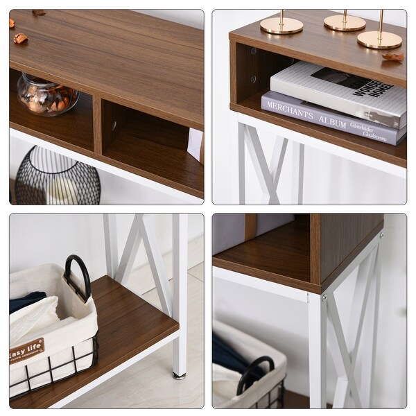 HOMCOM Industrial Style Entryway Console Table Desk with Shelf for Living Room, or Bedroom, Walnut Wood Grain