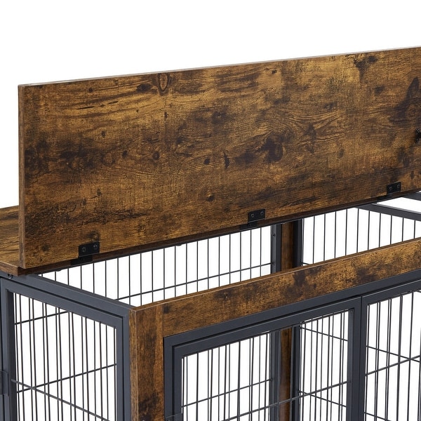 Industrial Wooden Iron Dog Crate, Dog Kennels with 3 Doors and Wheels, Pet Crate Side End Table for Medium and Small Dog