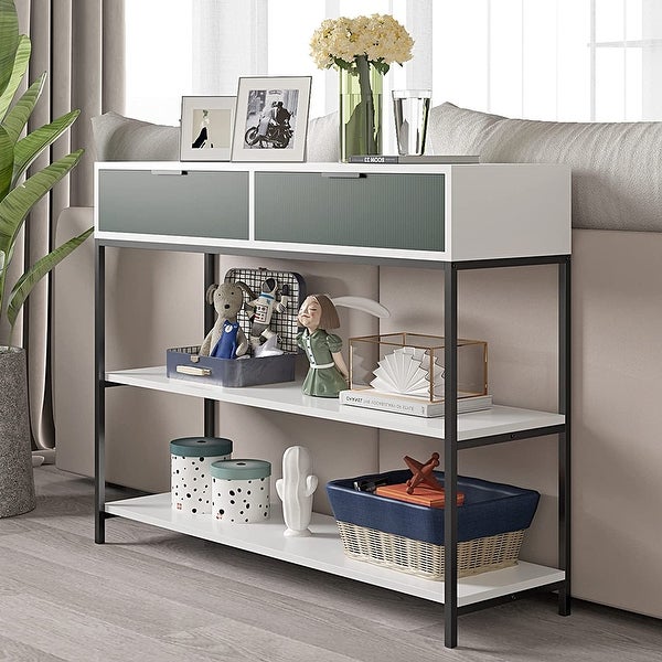 Narrow Console Table with 2 Storage Shelves , Stable Metal Support for Living Room, Hallway, Easy Assembly, 39in, Green