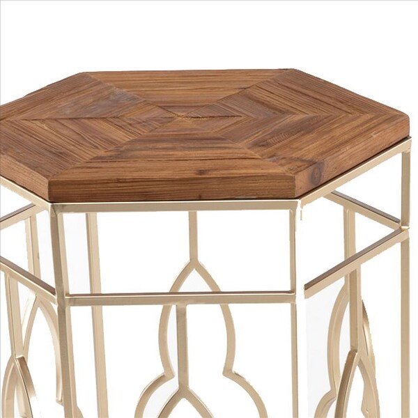 Nesting Side Table with Hexagonal Top, Set of 2, Brown and Gold - 26 H x 17 W x 15 L Inches