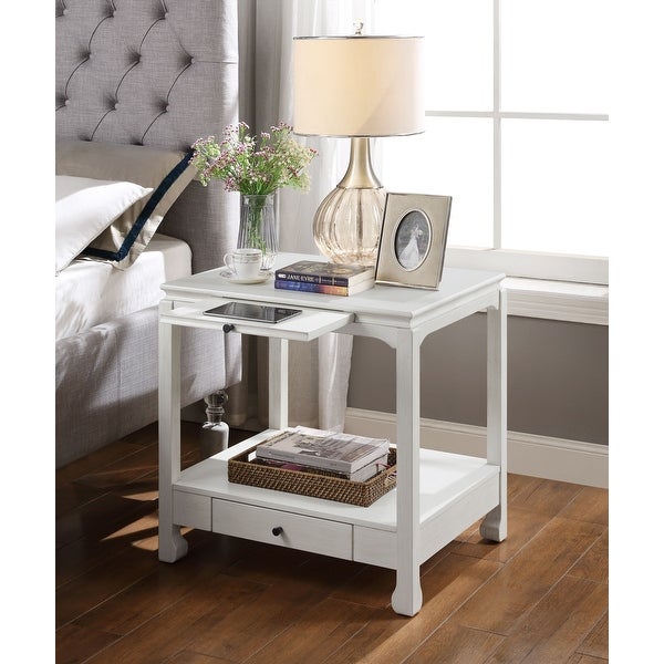 Transitional Accent Table Side Table, Antique White Finish