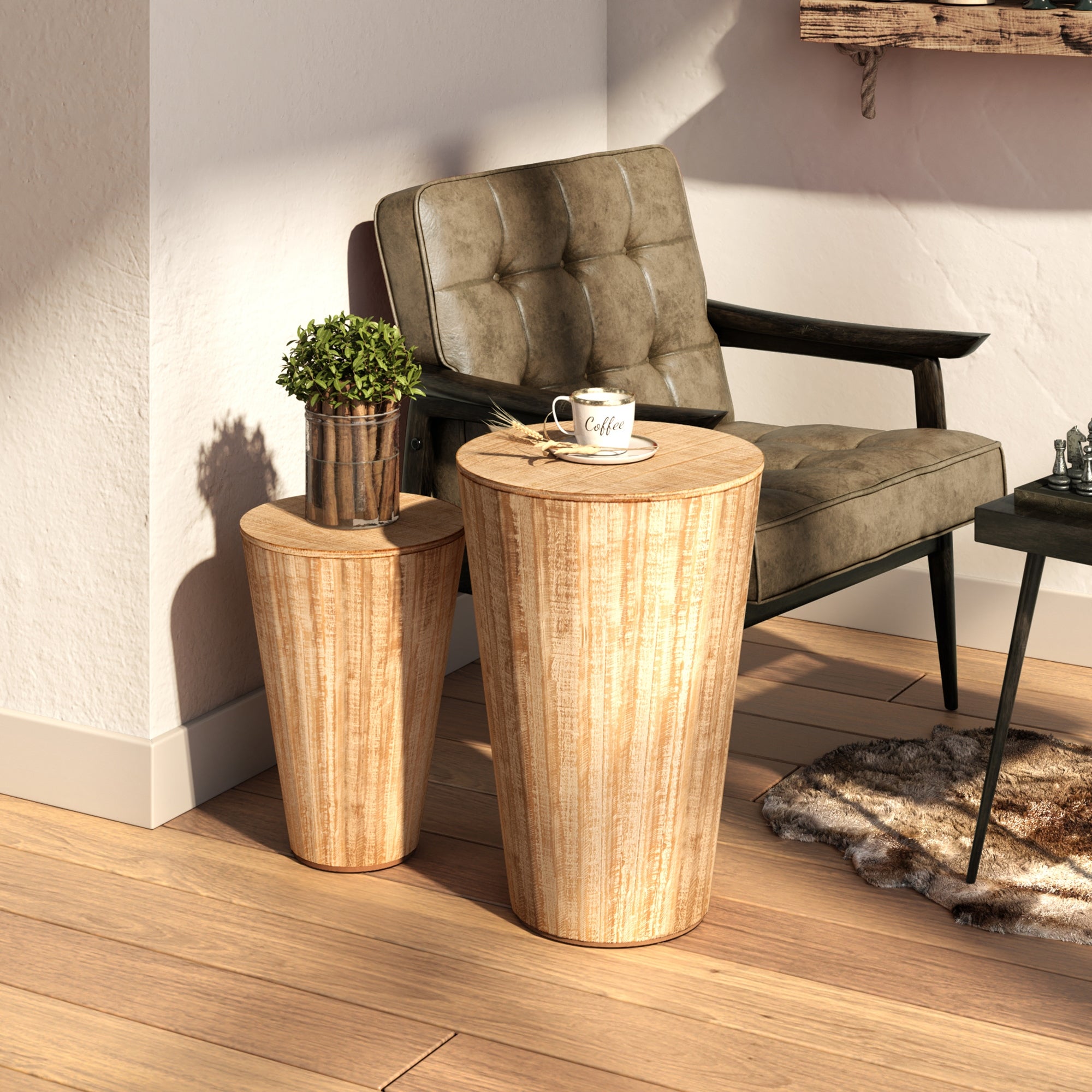 COZAYH Farmhouse Nesting Barrel Side Table, Rustic Space Saving Storage End Table Set , Natural Distressed Finish