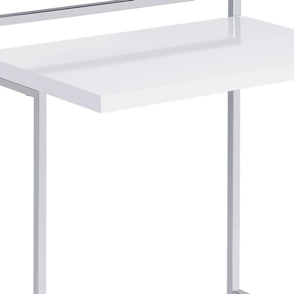 Dey 27 Inch Modern C Side Table, Gloss White Wood Top, Chrome Metal Base