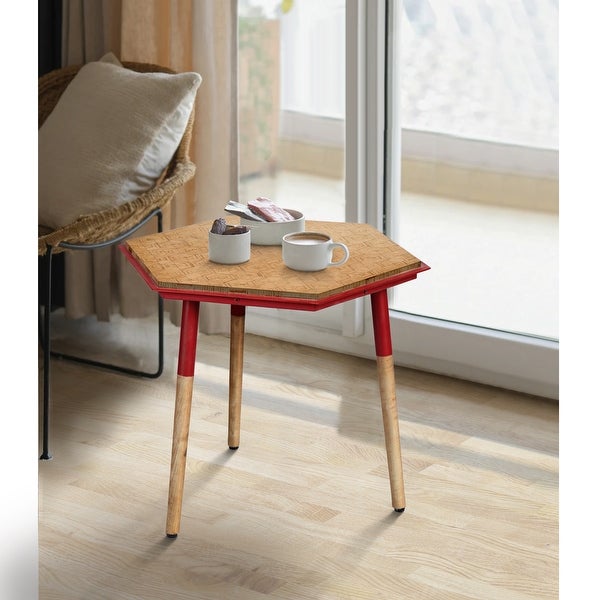 Paige 18 Inch Hexagon Illusion Wood Side Table, Brown, Red