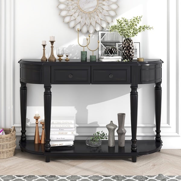 Retro Romanesque Style Curved Design Solid Wood Console Table, Entryway Table with 2 Top Drawers and Open Shelf for Living Room