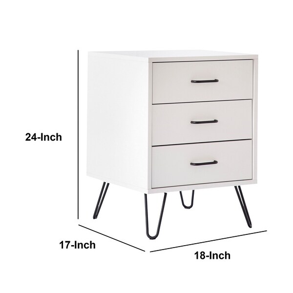 Harper 24 Inch Handcrafted Modern Wood Nightstand, 3 Drawers, Metal Hairpin Legs, White