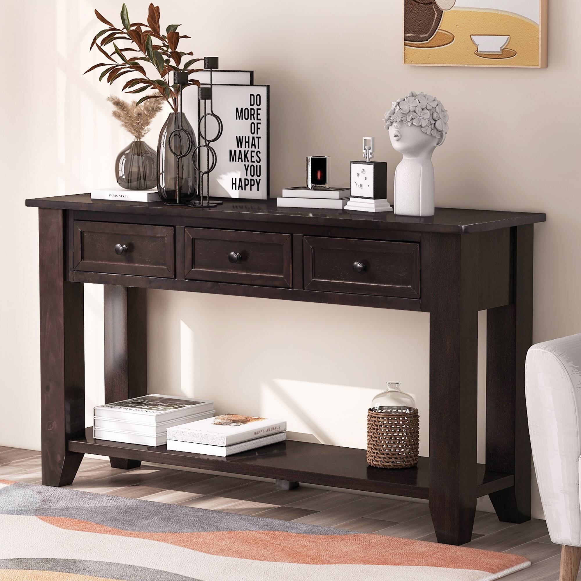 55'' Modern Console Table Sofa Table for Living Room, End Table Study Table with 3 Drawers and 1 Shelf for Hallway, Entryway