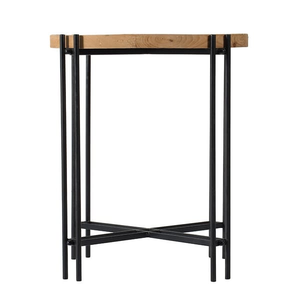 24 Inch Side Table, Modern, Round Tabletop, Carved Wood, Iron Frame, Brown