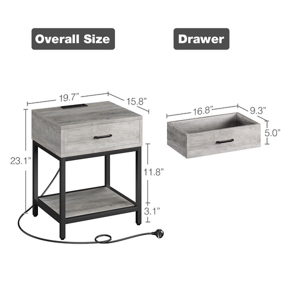 Nightstand-Bedside Table with Charging Station Type-CandUSB Ports, Modern End Table