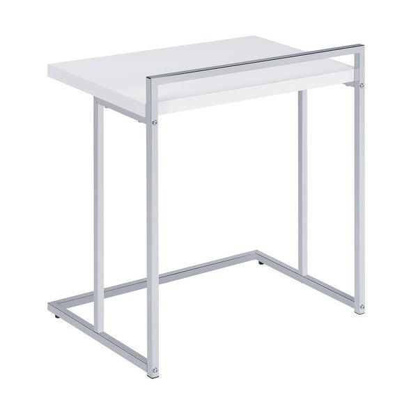 Dey 27 Inch Modern C Side Table, Gloss White Wood Top, Chrome Metal Base