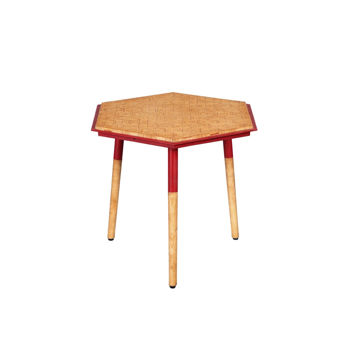 Paige 18 Inch Hexagon Illusion Wood Side Table, Brown, Red - 17.9