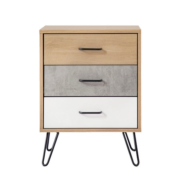 Harper 24 Inch Handcrafted Modern Tricolor Wood Nightstand, 3 Drawers, Metal Hairpin Legs, Oak, White, Gray
