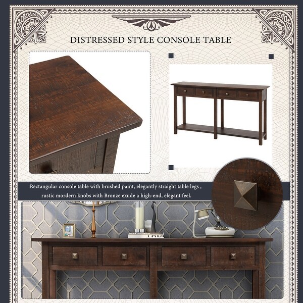 Rustic Brushed Texture Console Table with 4 Drawers and a Open Bottom Shelf, Classic Wood Entryway Table for Living Room, Entryway