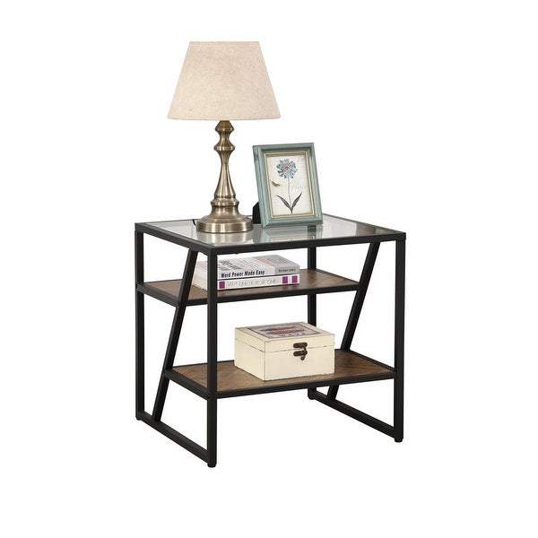Side Table, End Table with Storage Shelf, Tempered Glass Coffee Table with Metal Frame