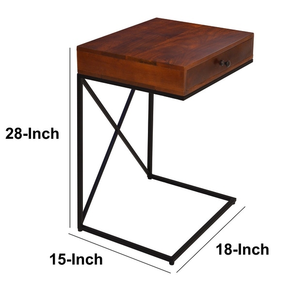 Wooden Sofa Side Table with 1 Drawer and Metal Frame, Brown and Black