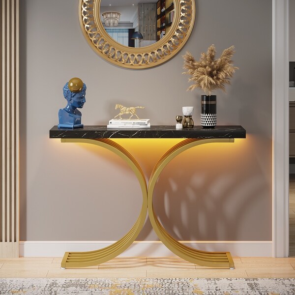 X-Base Gold Console Table, Narrow Sofa Accent Table with Marble Top for entrance, Hallway - 43'' L x 11.8'' D x 32”H