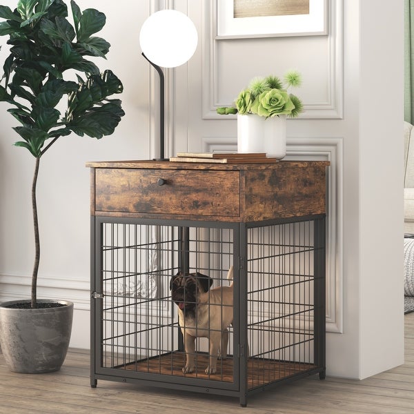 Furniture Style Wood,with Dog Crate,End Table with Storage Console(Rustic Brown; 19.69''w x 22.83''d x 26.97''h) - 26.97