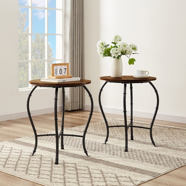 VECELO, ( Set of 2 ) Industrial Round Side Table/End Table, Rustic Brown