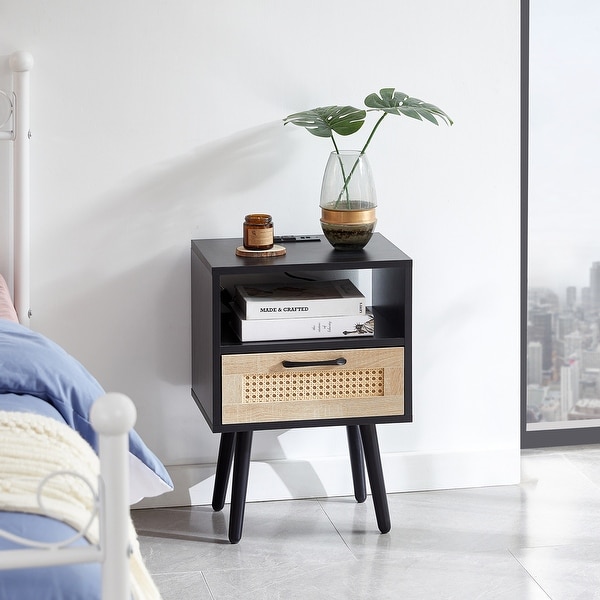 Modern Side table with Drawer and Solid Wood Legs,Rattan Nightstand with Power Outlet and USB Ports