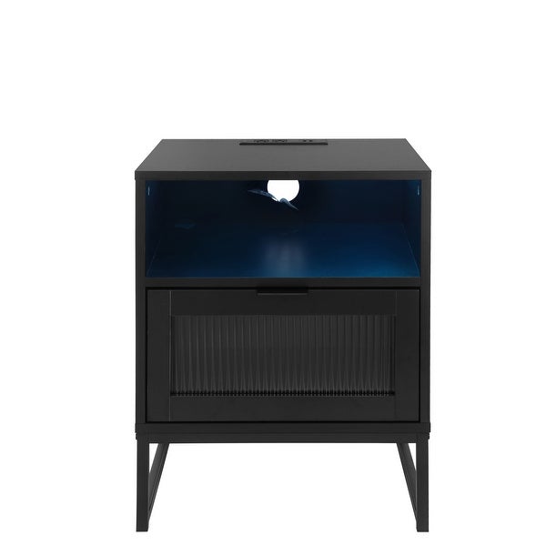 Nightstand with LED Lights Drawer, Black Bedside Table for Bedroom