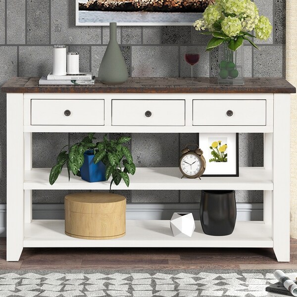 48'' Solid Pine Wood Top Console Table, Modern Entryway Sofa Side Table with 3 Storage Drawers and 2 Shelves