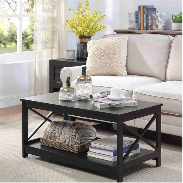 Coffee Table 39.56 in. L, X leg End Table with Bottom Shelf, Black