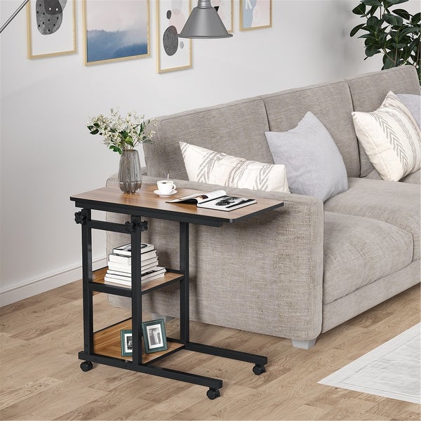 Height Adjustable C Table, Sofa Side Tables, Mobile End Table with Storage Shelves