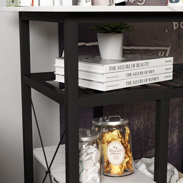 Kitchen Island with 4 Open Shelves(2 Side Shelves) and Wood Surface, Multifunctional Counter Height Prep Table, Marble