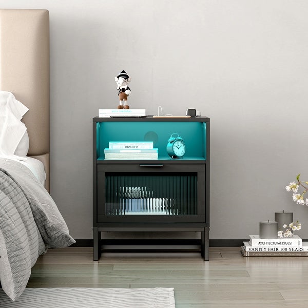 Nightstand with LED Lights Drawer, Black Bedside Table for Bedroom