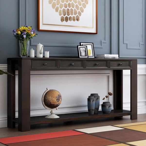 Chic Console Table Side Table with 4 Drawers and Bottom Open Shelf, Solid Wood Sofa Table Entryway Table for Entryway Living Room