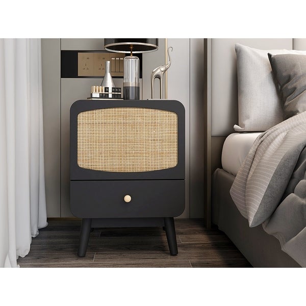 Black Nightstand, Bedside Table with Storage Drawe Rattan Door