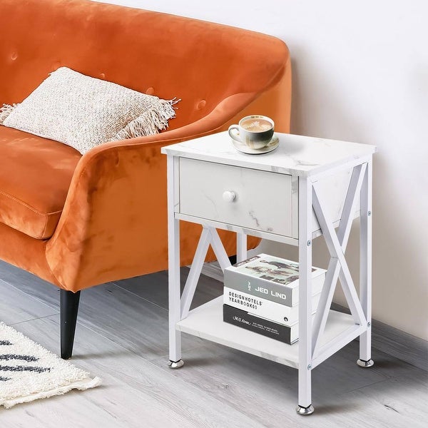 Nightstand with Drawer and Open Storage Shelves, Bedside End Table for Bedroom Living Room