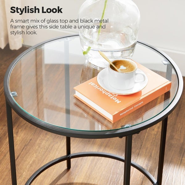 Round Side Table, Glass End Table with Metal Frame, Small Coffee Accent Table, Bedside Table, Modern Style - 19.7