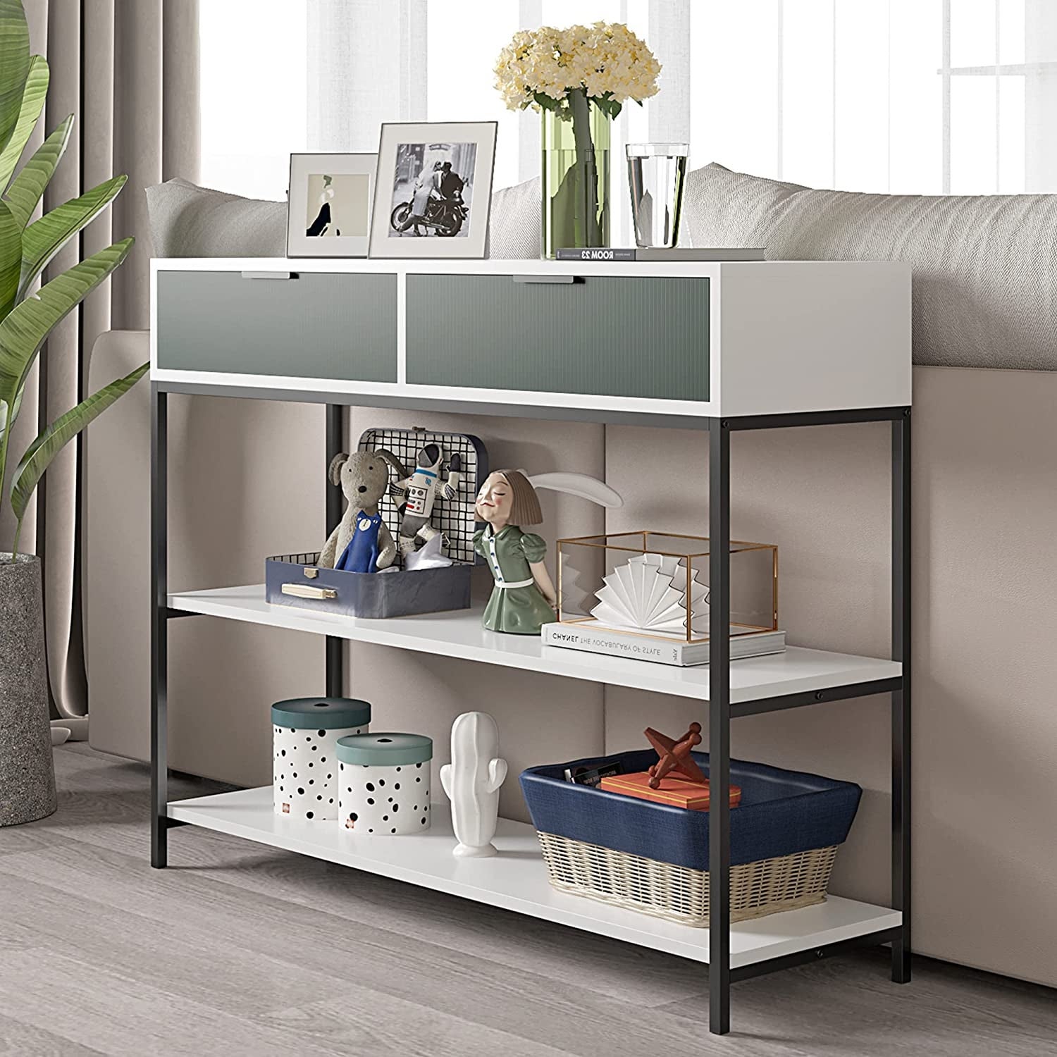 Narrow Console Table with 2 Storage Shelves , Stable Metal Support for Living Room, Hallway, Easy Assembly, 39in, Green