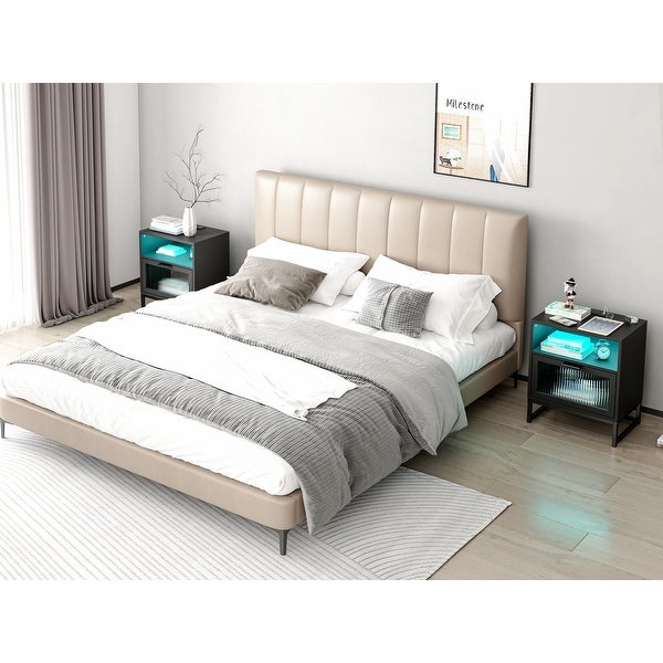 Nightstand with LED Lights Drawer, Black Bedside Table for Bedroom